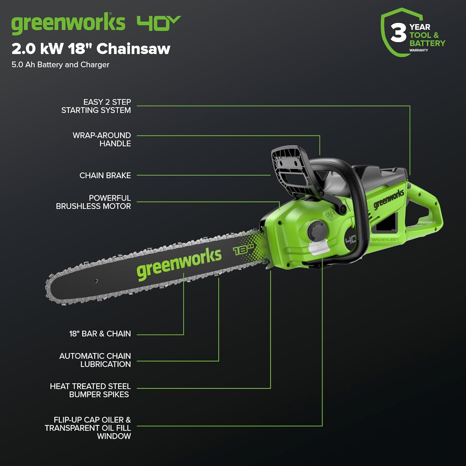 Greenworks 40V HP 18 BL Chainsaw Kit with 5.0Ah HP Battery and 5A Rapid Charger