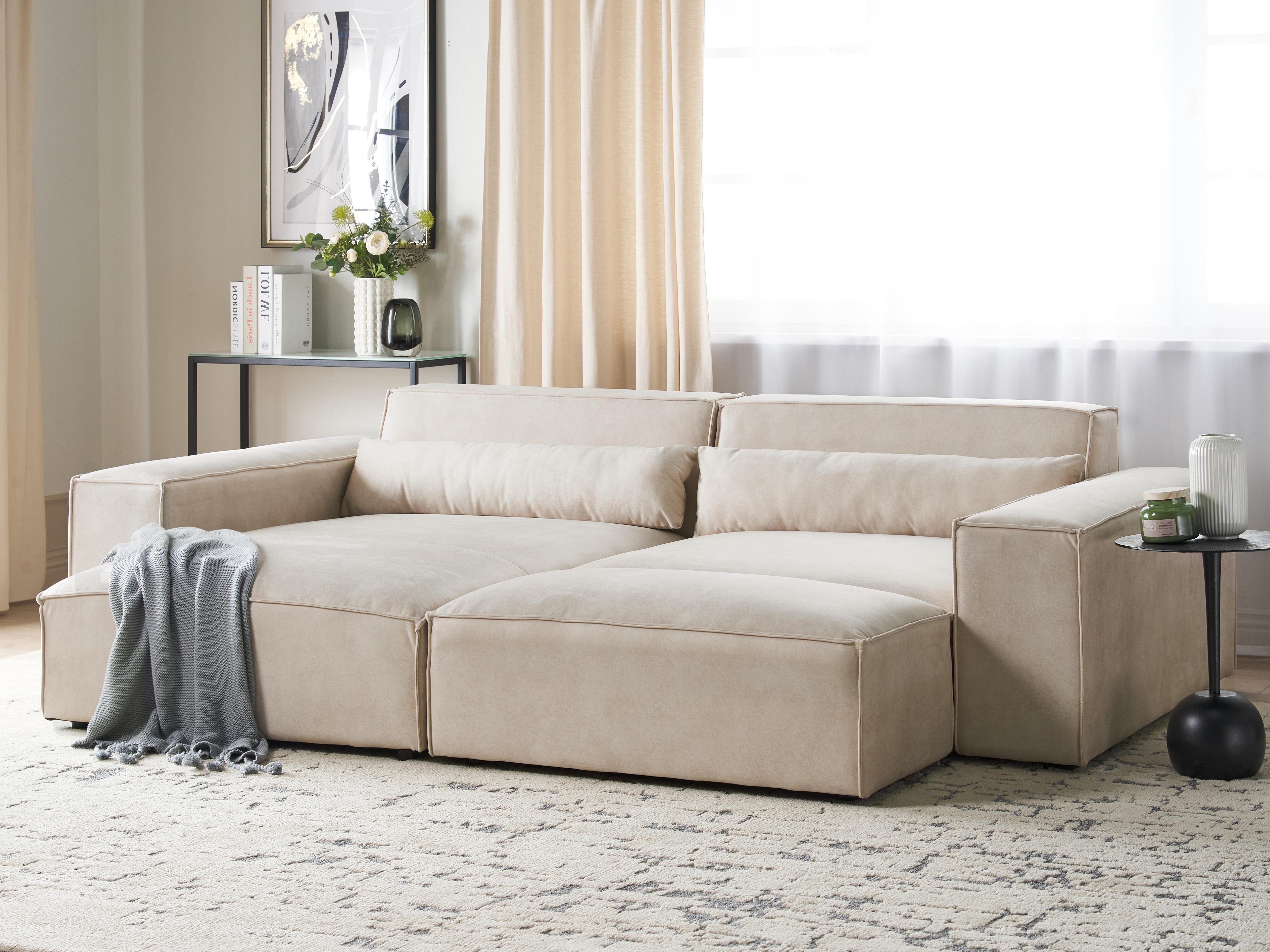 Modular Corner Sofa 3 Seater HELLNAR Velvet Light Beige with Ottoman Right Hand