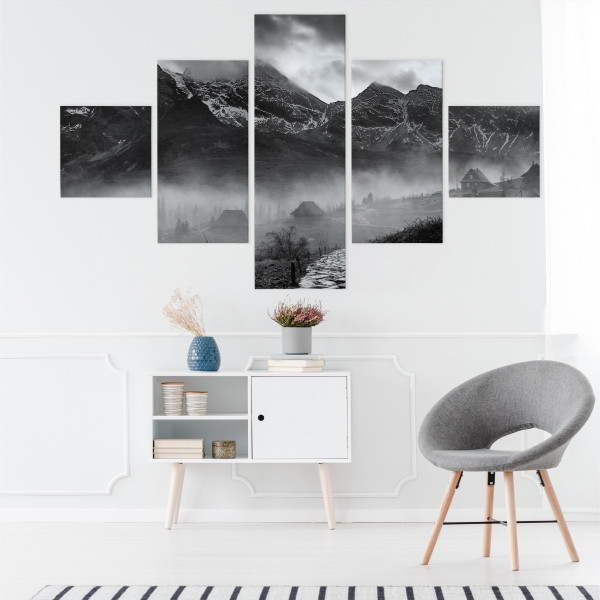 Obraz Pentaptyk Czarno-Białe GÓRY Widok 3D 150x90cm