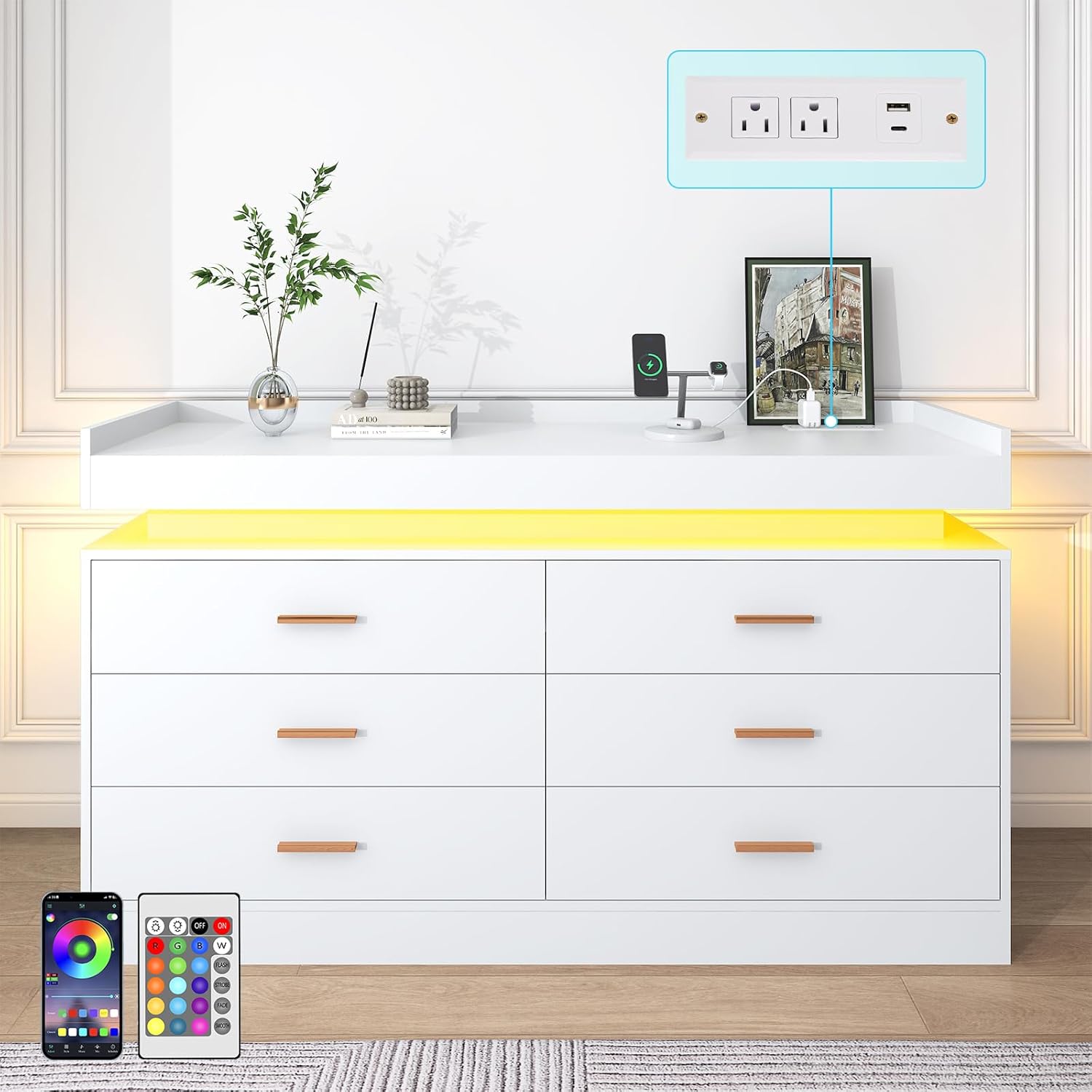 6 Drawer Dresser with Charging Station and LED Lights, Modern Chest of Drawers with Power Outlet, Organizer Cabinet for Bedroom, Living Room, White
