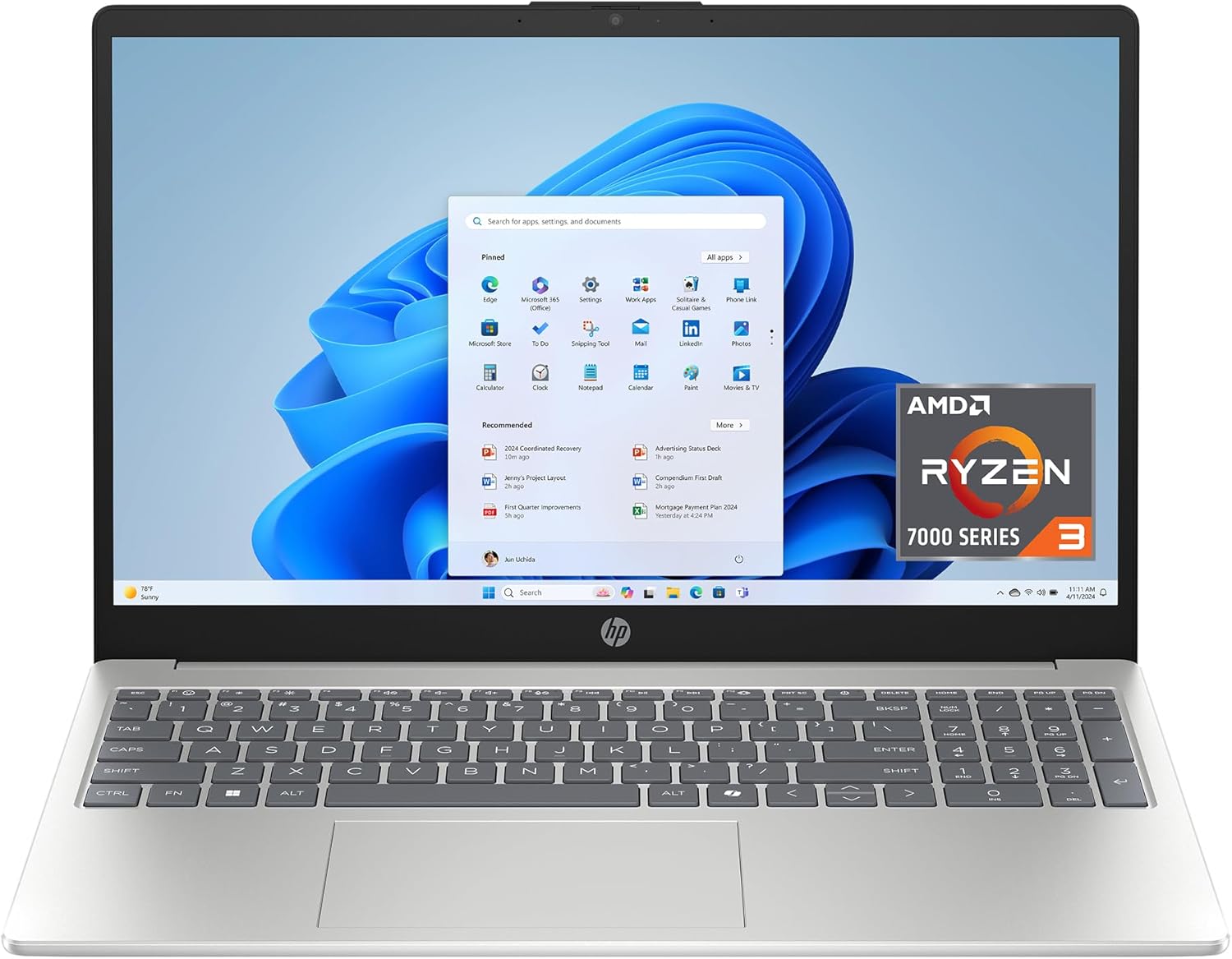 HP 15.6 inch Laptop  HD Touchscreen Display  AMD Ryzen 3 7320U  8 GB RAM  128 GB SSD  AMD Radeon Graphics  Windows 11 Home in S Mode  Natural Silver  15- fc0099nr