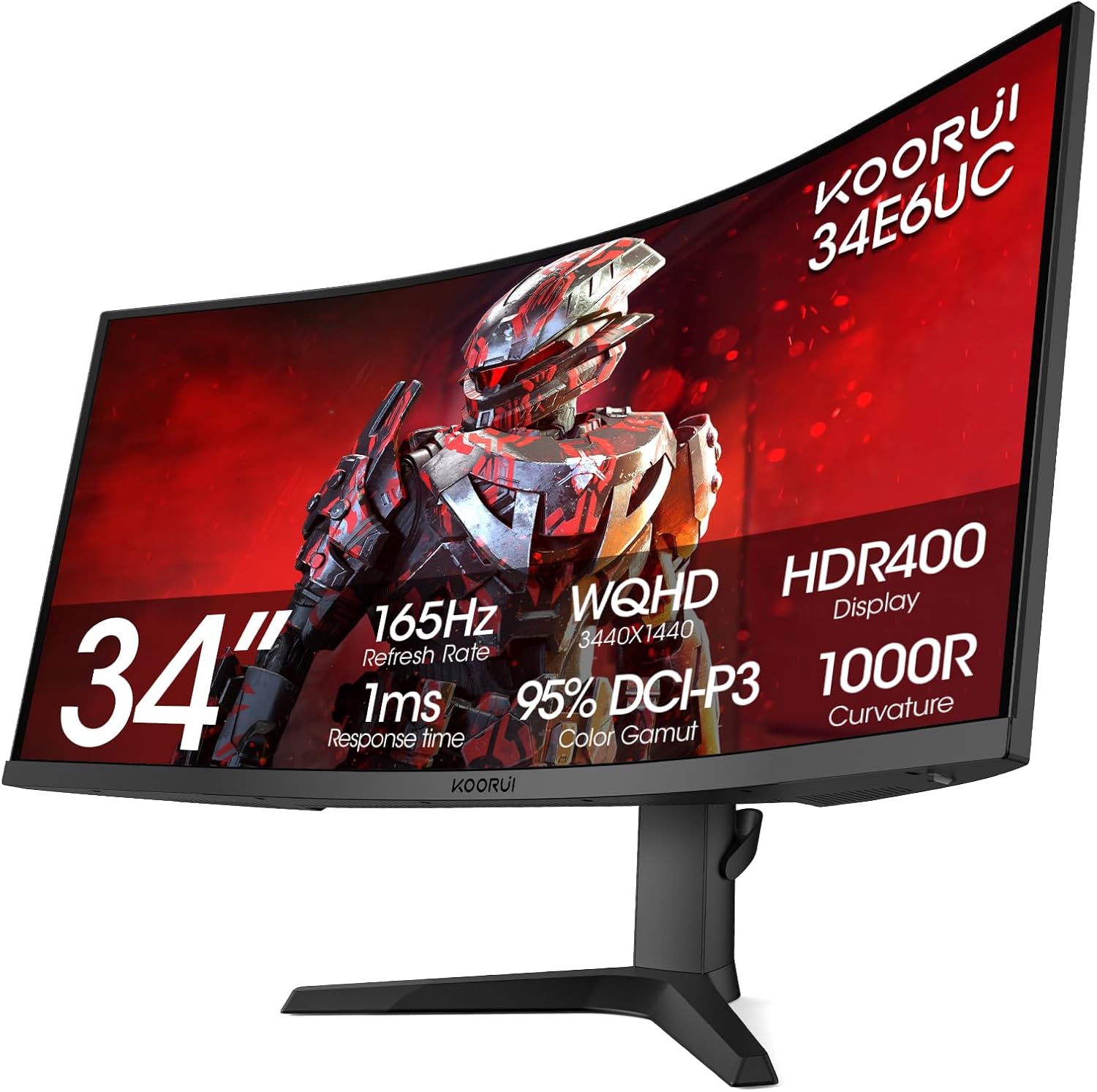 KOORUI 34-inch Ultrawide Curved WQHD 3440×1440 Gaming Monitor  165Hz 144Hz Curved 1000R- PIP/PBP  1ms(MPRT) with DisplayHDR 400  FreeSync Premium  75 * 75mm VESA  HDMI/DisplayPort  34E6UC