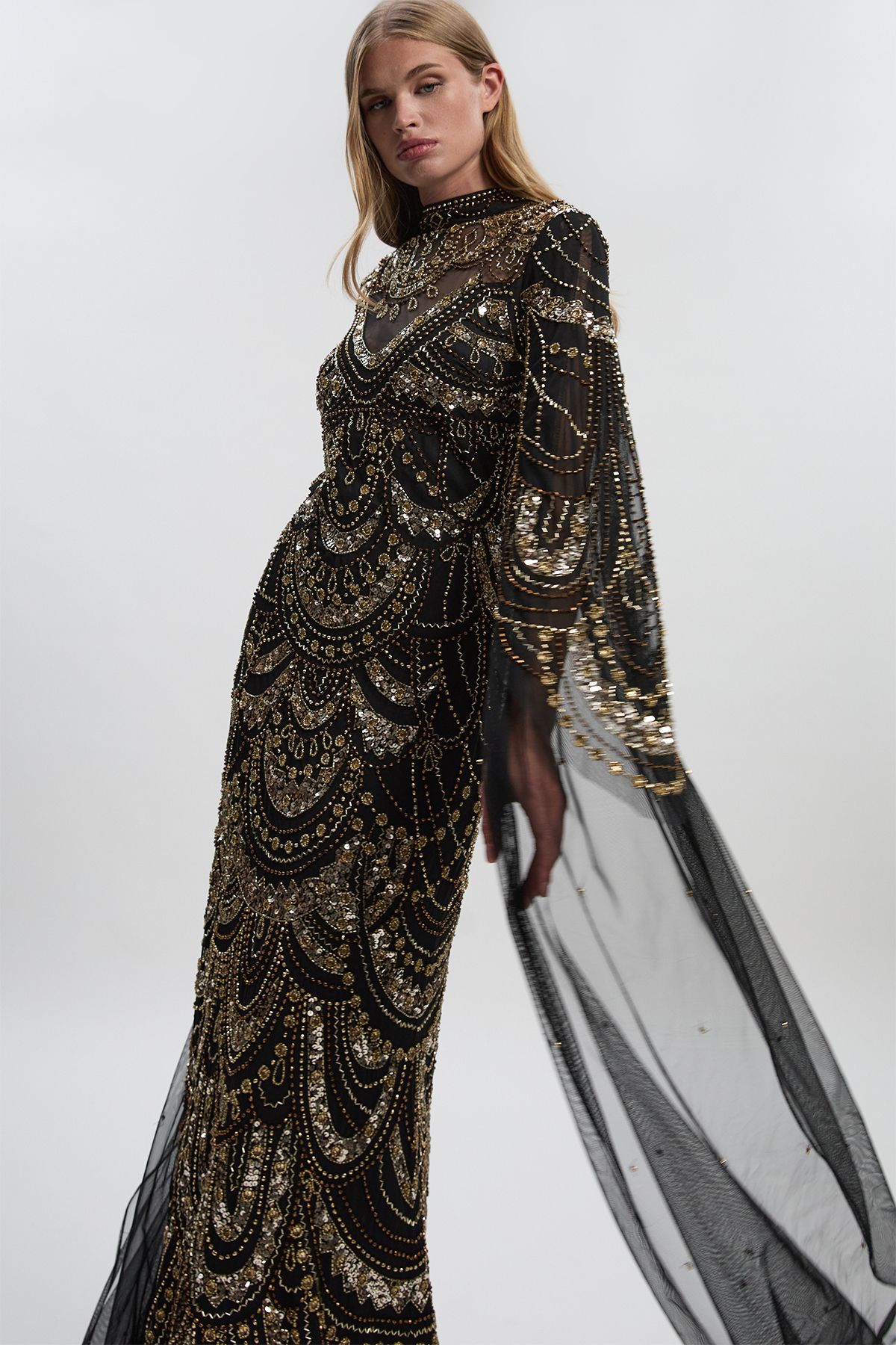 KarenMillen Premium Beaded Embellished Woven Midaxi Cape Dress