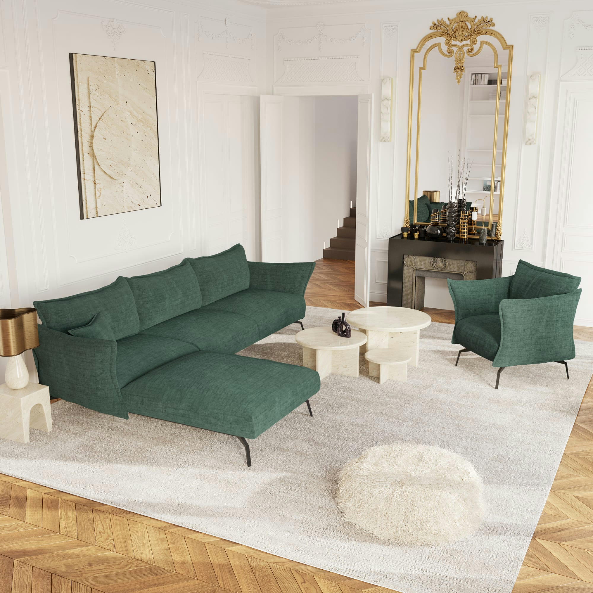 LENNY - Fauteuil velours texturé vert émeraude