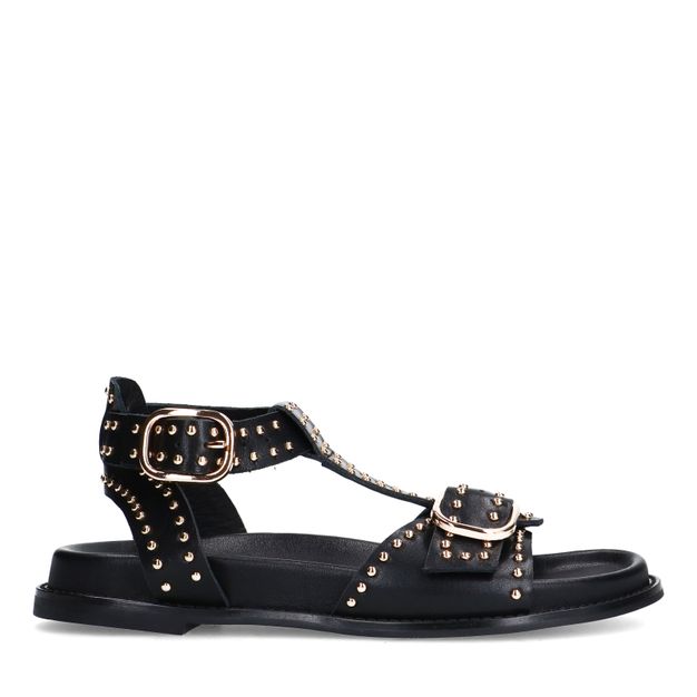 Zwarte leren sandalen met goudkleurige buckles en studs
