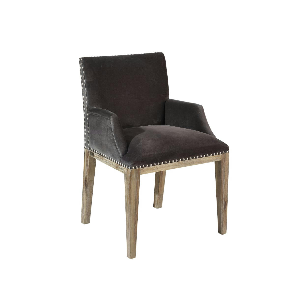 FORGE - KENZA - Fauteuil de table en velours et en bois clouté gris rhino