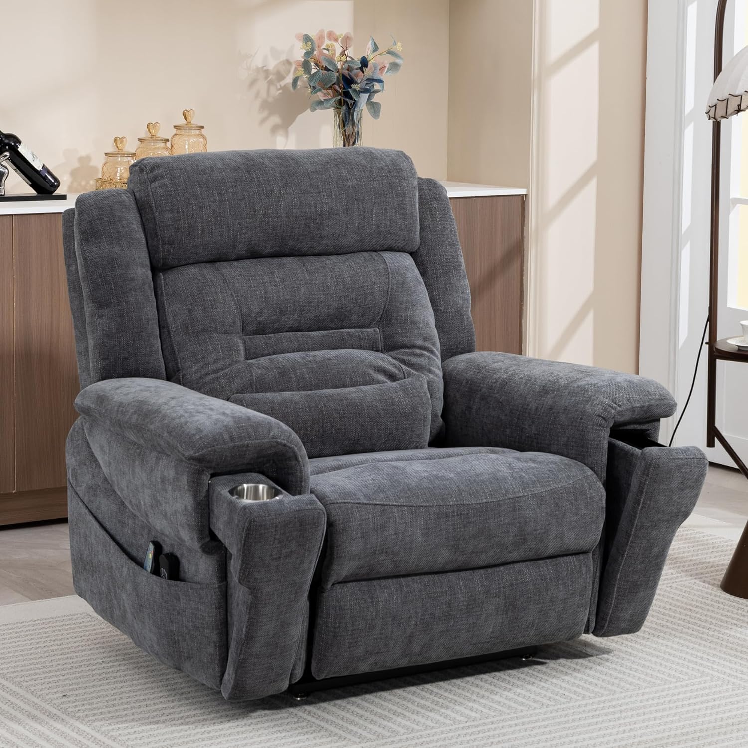Big Man Power Lift Recliner for Elderly Adults 28 Inch Wide Seat, Oversized Recliner 400 lbs with Heat Massage, Lay Flat Recliner Chair Cup Holder & Wireless Phone Charger, USB Type C Charging