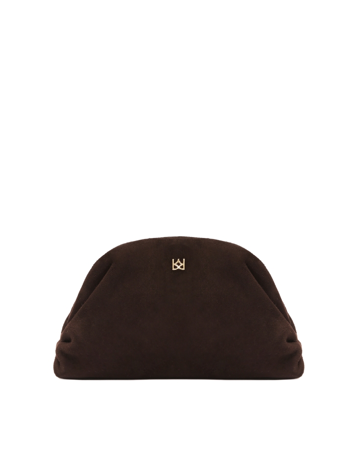 Suede brown handbag with metal frame