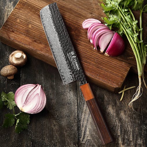 NNEOBA 7-Inch Hand-Forged Japanese Nakiri Knife 67-Layer Damascus Steel Brown