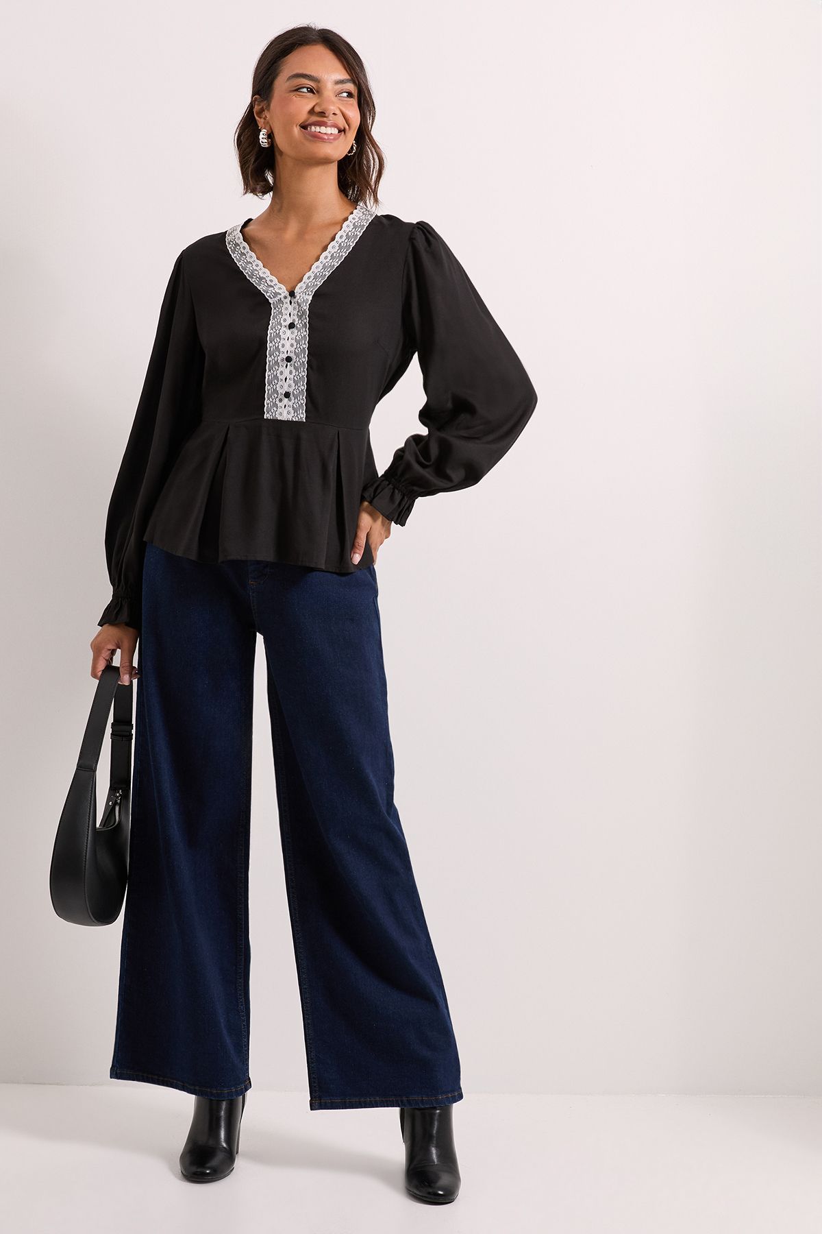 Dorothy Perkins Lace Trim Blouson Sleeve Peplum Top