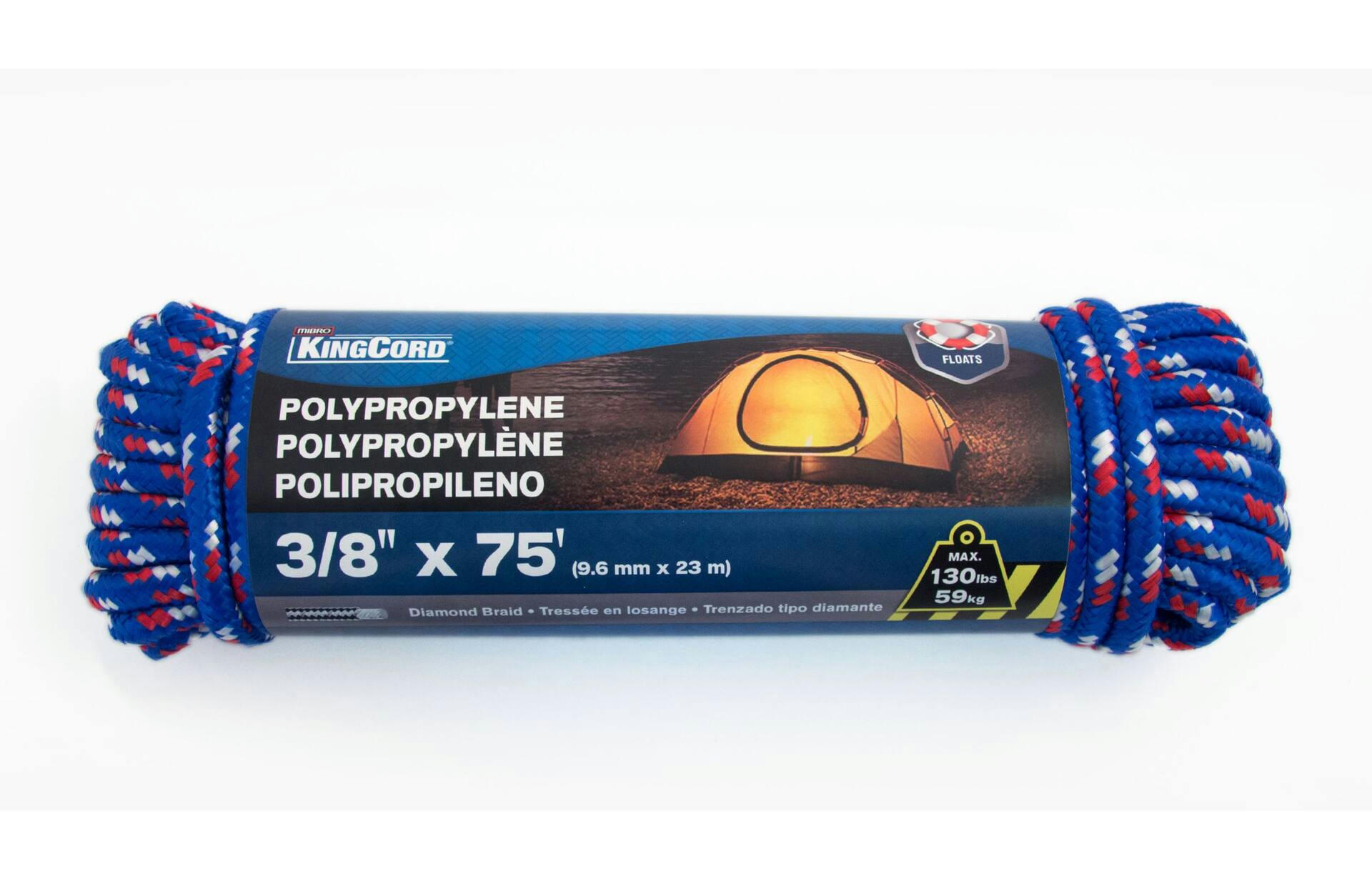 KingCord Polypropylene Utility Rope, Strong and Durable, 3/8-in x 75-ft, Assorted Colours