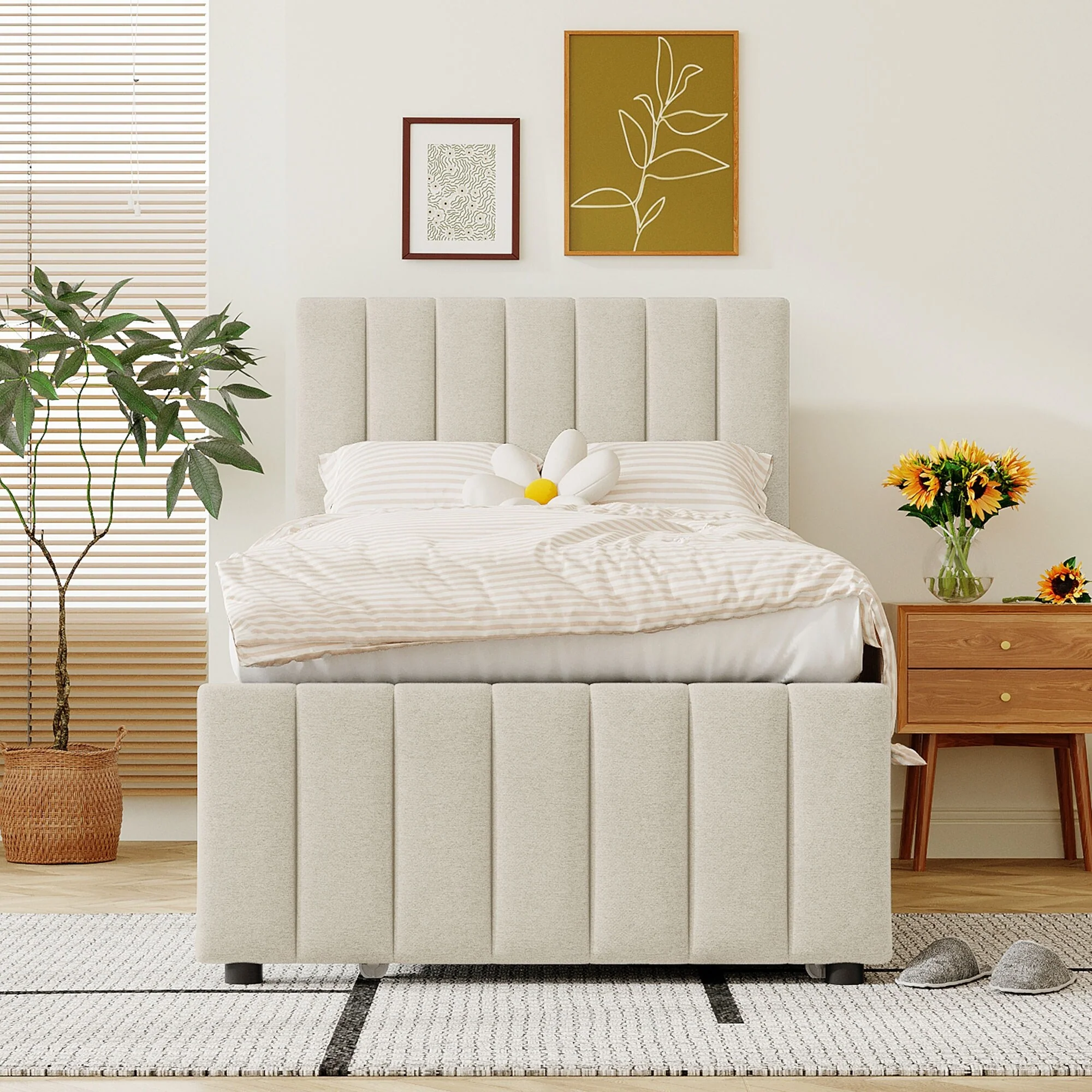 Twin Size Upholstered Platform Bed with Pull,Out Trundle and Three Storage Drawers, Linen Fabric Upholstery