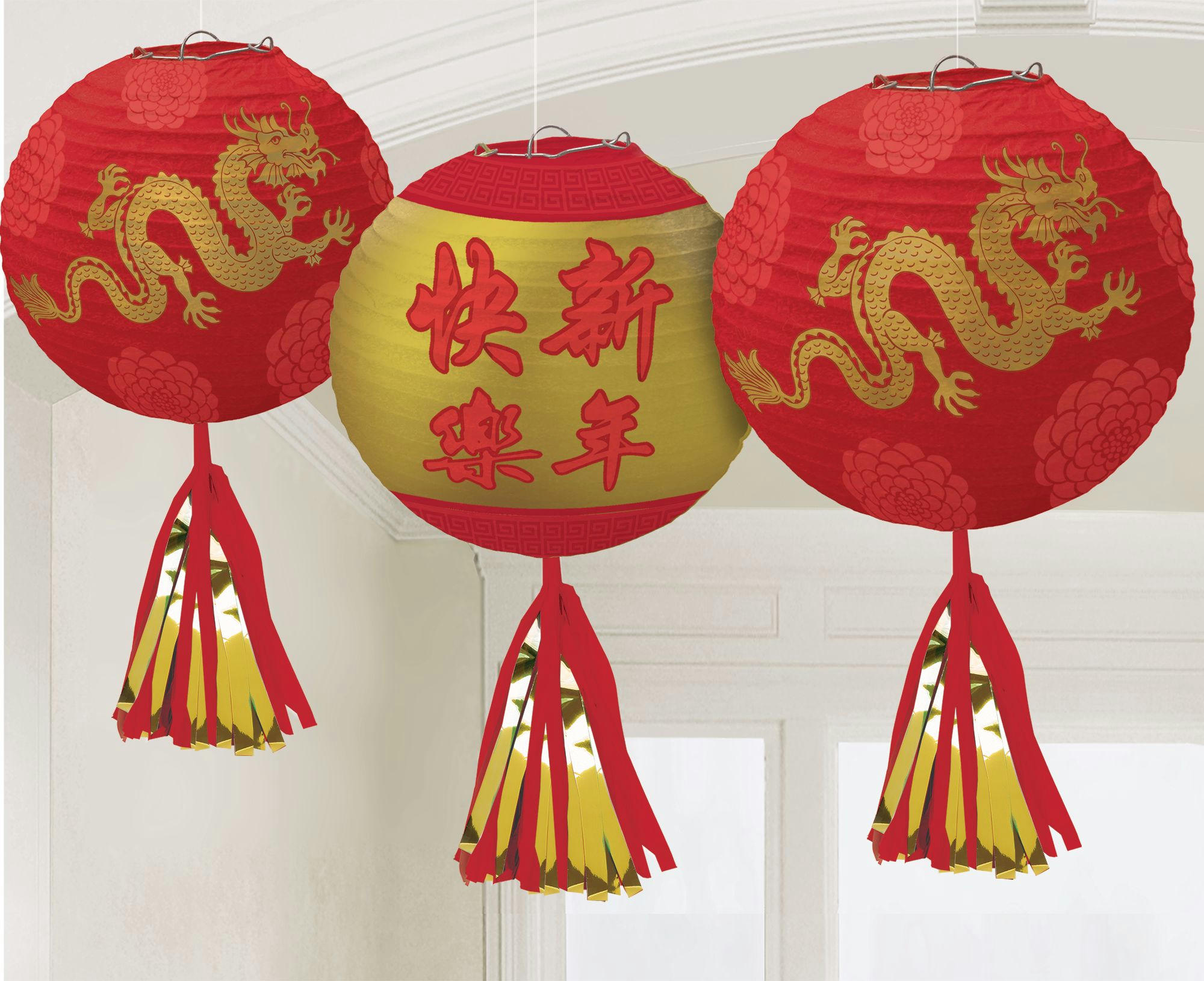 Lunar New Year Deluxe Paper Lanterns, 3-pk