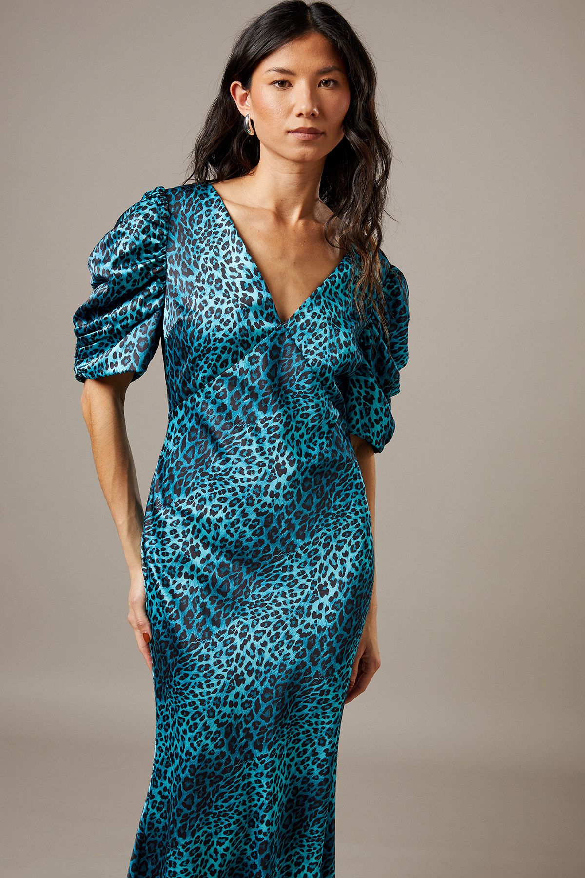 Warehouse Satin Pleat Volume Sleeve Plunge Bias Midi Dress