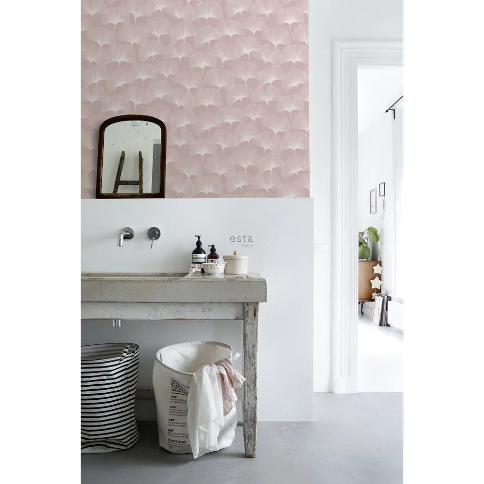 ESTAhome behang ginkgo bladeren zacht roze - 50 x 900 cm