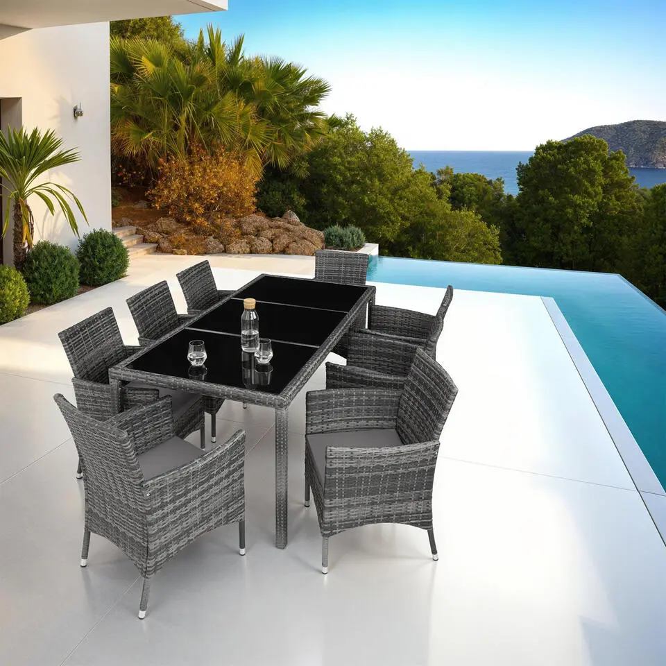 tectake - tuinset 8 stoelen en tafel - wicker - grijs