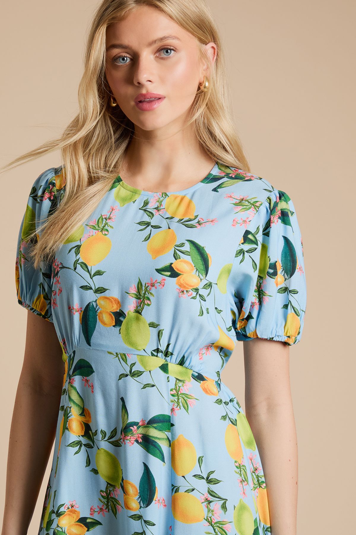 Dorothy Perkins Lemon Empire Seam Puff Sleeve Midi Dress