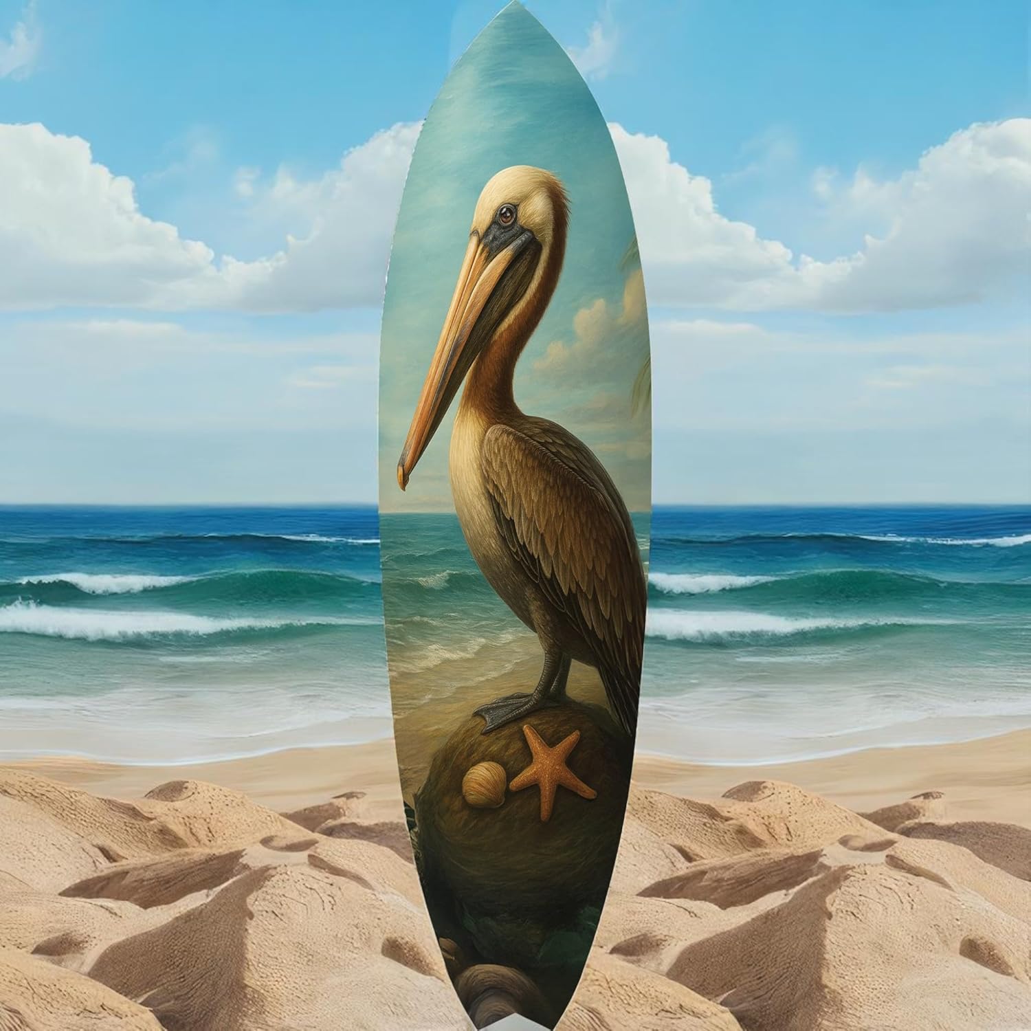 JennyGems Pelican Surfboard Wall Art Coastal Bird Decor, Ocean Themed Surfboard Sign, Indoor Outdoor PVC, Beach House Nautical Wall Hanging