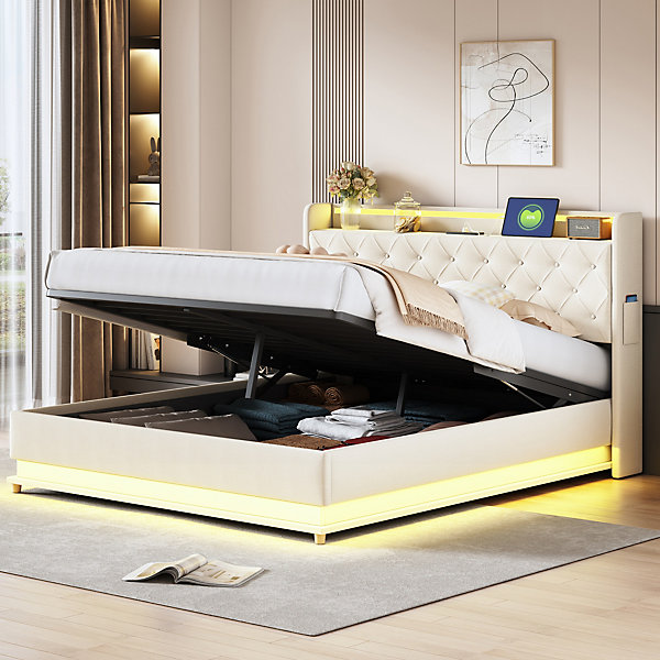 Lit Coffre 160x200 cm - Lit capitonné avec LED et Port USB, Coffre Hydraulique pour Rangement, Lin Beige