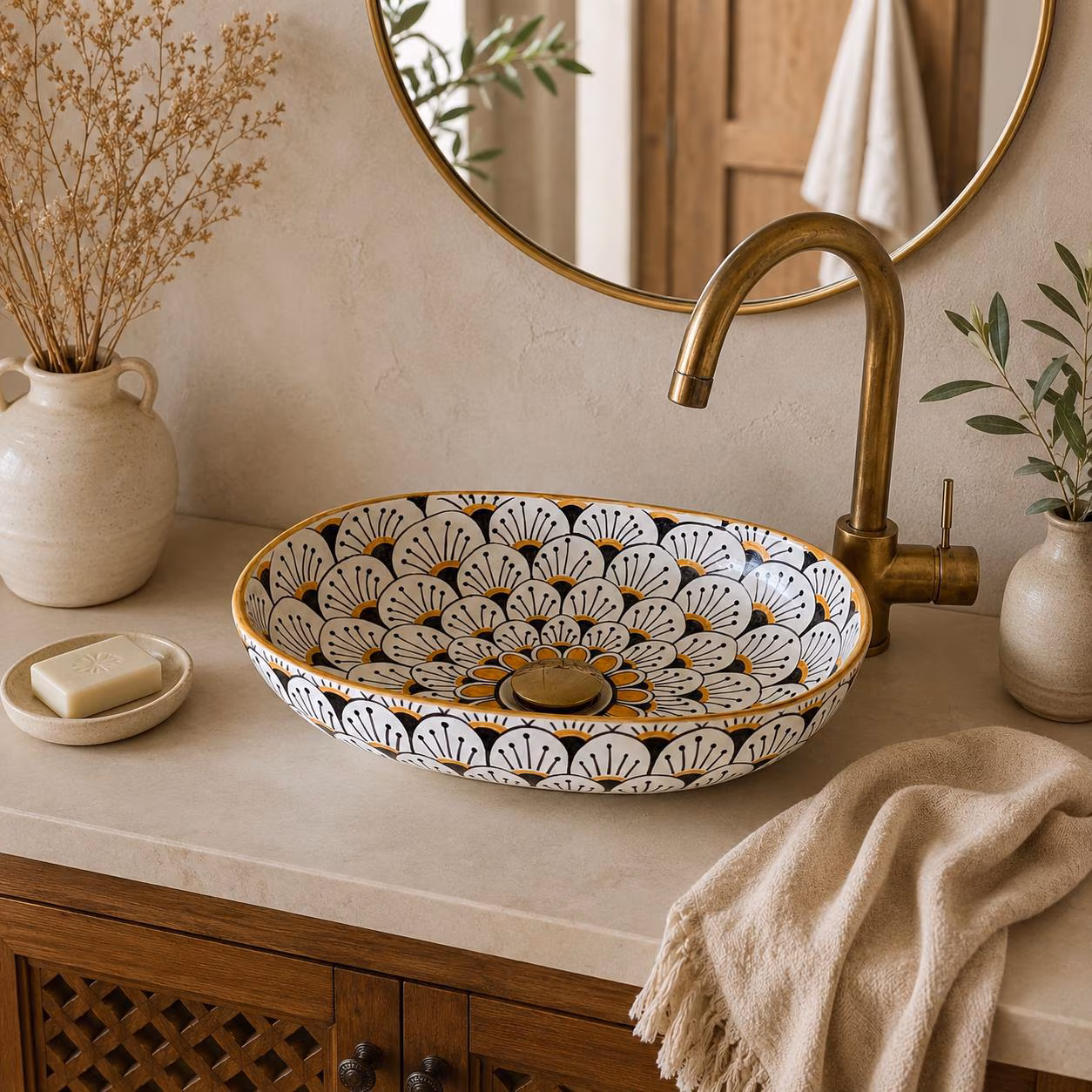 Handmade Oval Moroccan Ceramic Vessel Sink, Black White Gold Bathroom Vanity Basin Bowl