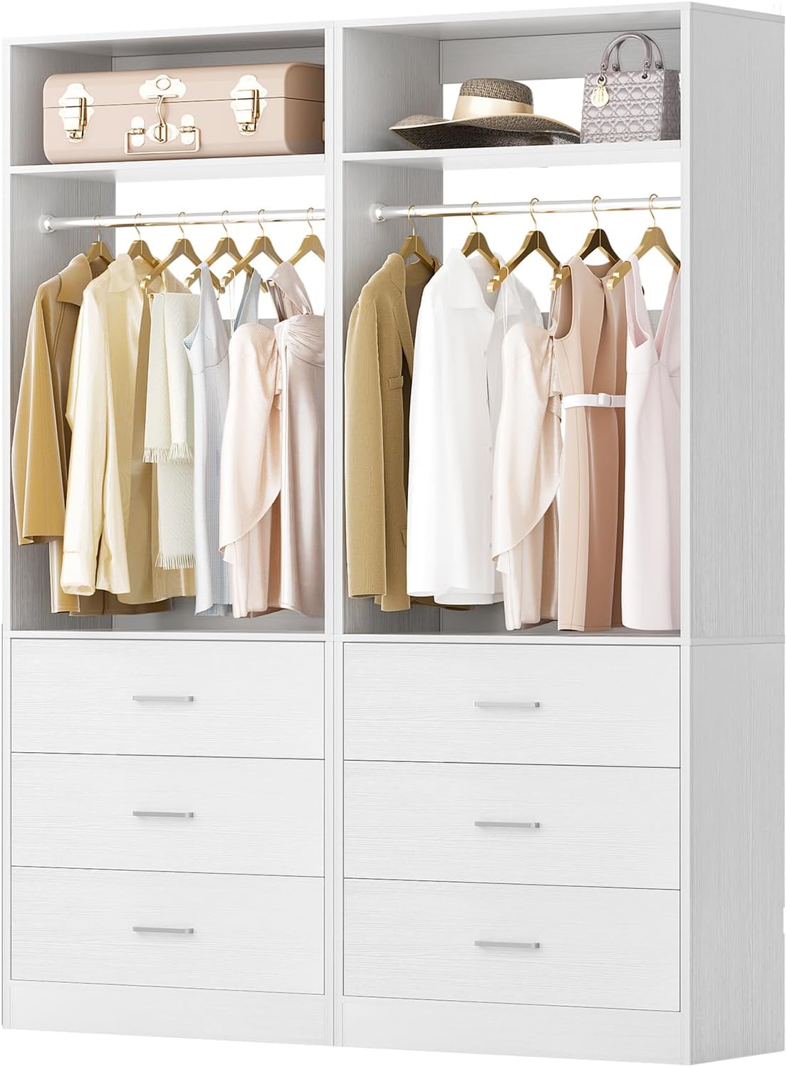 Closet System Set of 2, 4FT Closet Systems with 6 Wood Drawers, 48 Closet Organizer System with 2 Hanging Rods & 2 Shelves, Heavy Duty 48 Inch Walk-in Closet , White (48L x 15 W x 80 H)