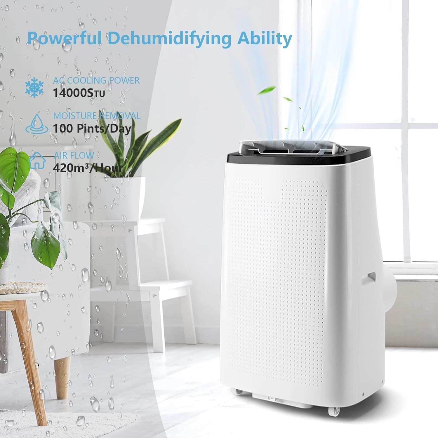Towallmark 14,000 BTU 3-in-1 Portable Air Conditioner, Cooling, Dehumidifier & Fan, Ultra Quiet 48dB, Sleep Mode, Easy Install (16-47 Windows), Quick Cooling for 600-750 Sq.Ft. Home, Office, APT