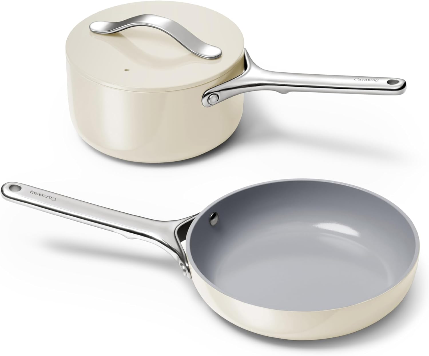 Caraway Mini Cookware Set - Non-Stick Ceramic Fry Pan (1.05 qt, 8) Sauce Pan (1.75 qt) & Storage Rack - Non Toxic, PTFE & PFOA Free - Oven Safe & Stovetop Agnostic (Gas, Electric & Induction) - Cream