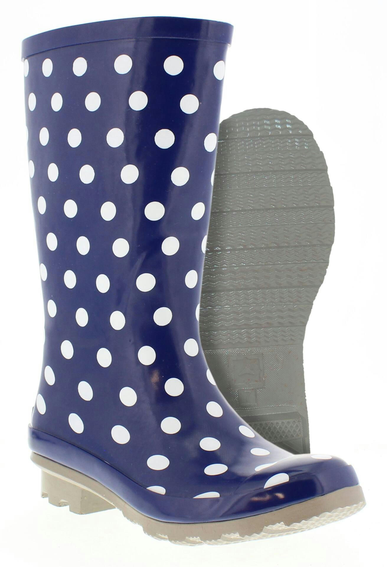Outbound Women's Waterproof Polka Dot Rubber Boots with Traction Outsole, Dark Blue