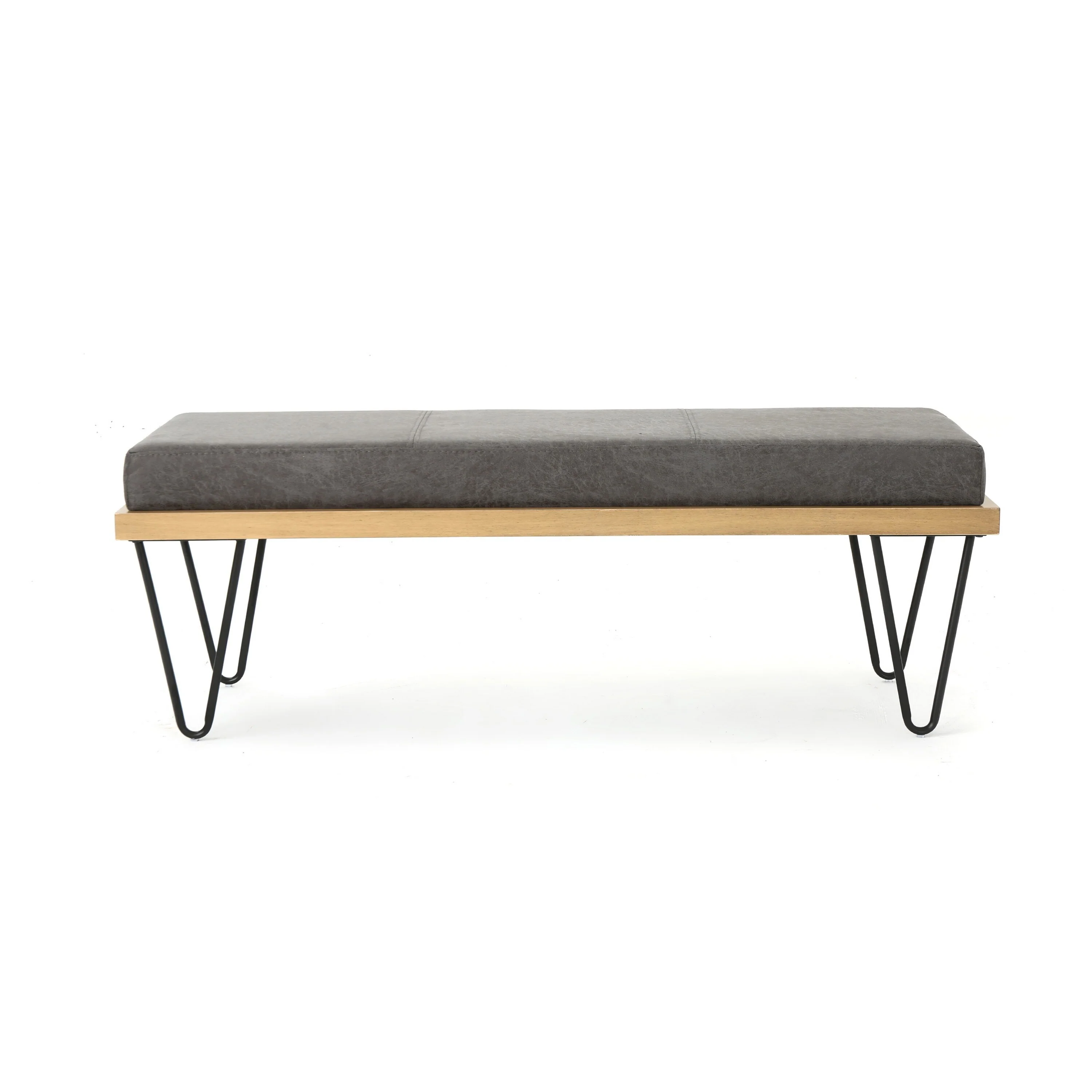 Sinu Bench, Dark Gray Fabric, Brown Wood, Black Hairpin Legs, 47 Inch
