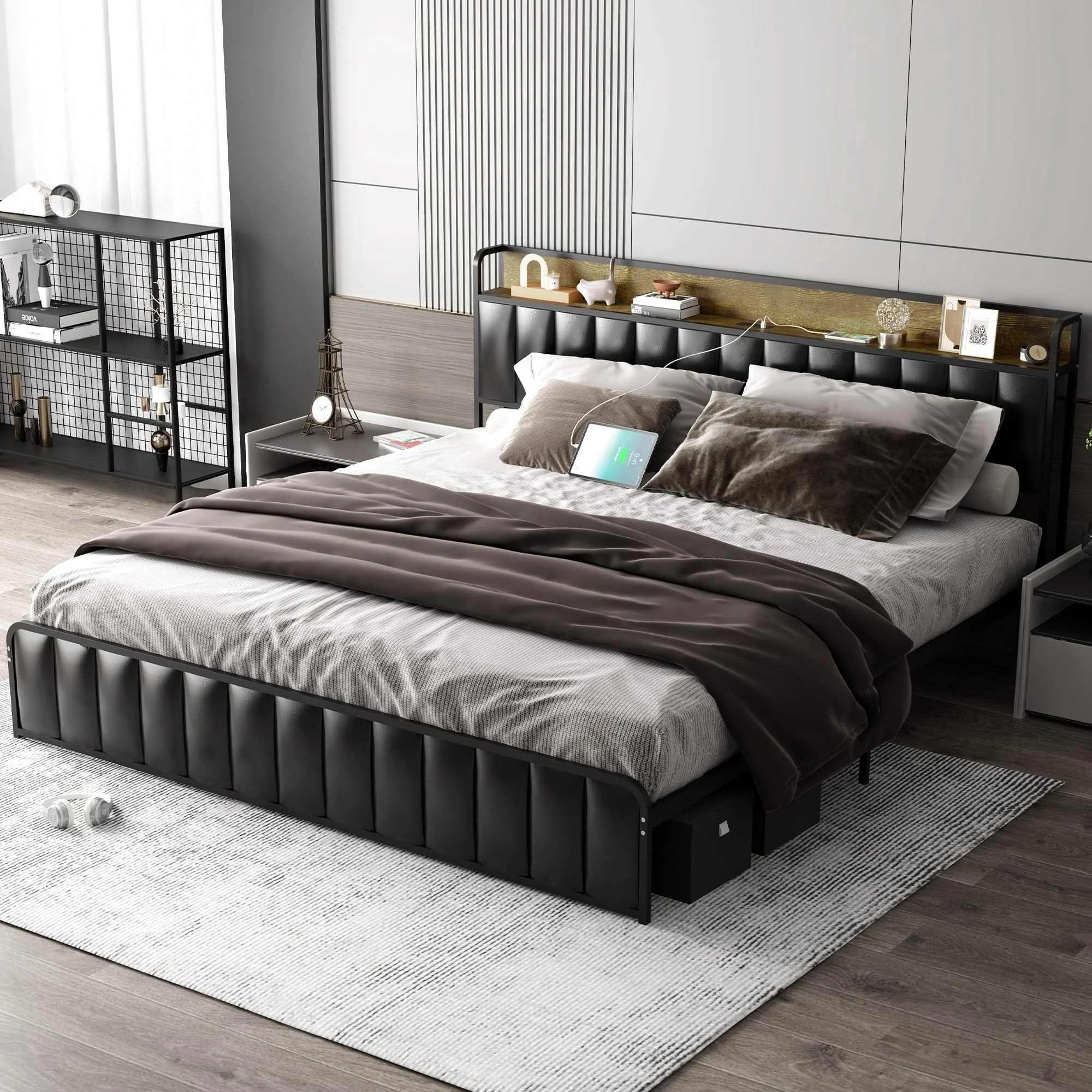 Bed Frame,Vintage Upholstered with Storage Headboard, USB Ports & Outlets,No Box Spring Needed, Load Up to 1000Lbs