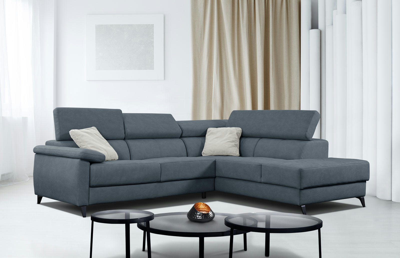 TAUNUS - Canapé d'angle droit 5 places bleu