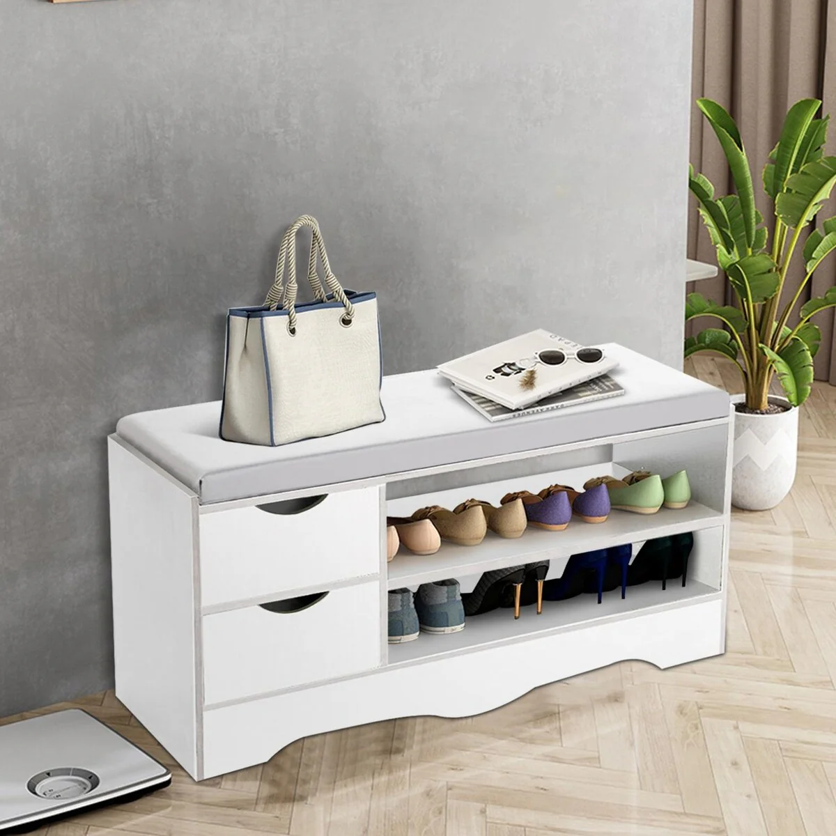 2-Tier Shoes Bench Entryway Storage Shoe Rack Storage Stool Cabinet With Drawers