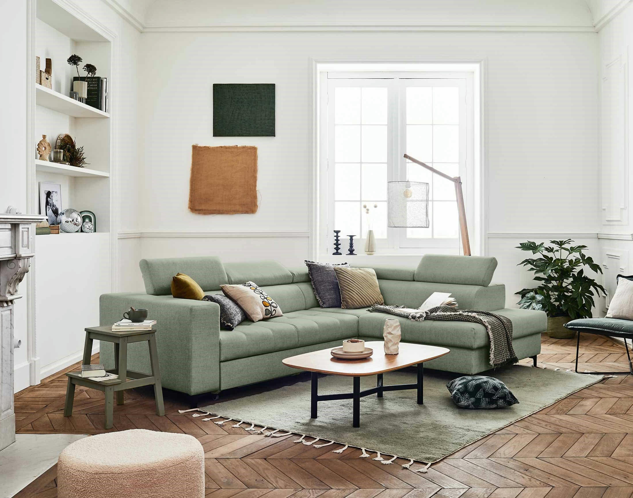 OLINDA - Canapé d'angle droit convertible 5 places en tissu vert sauge