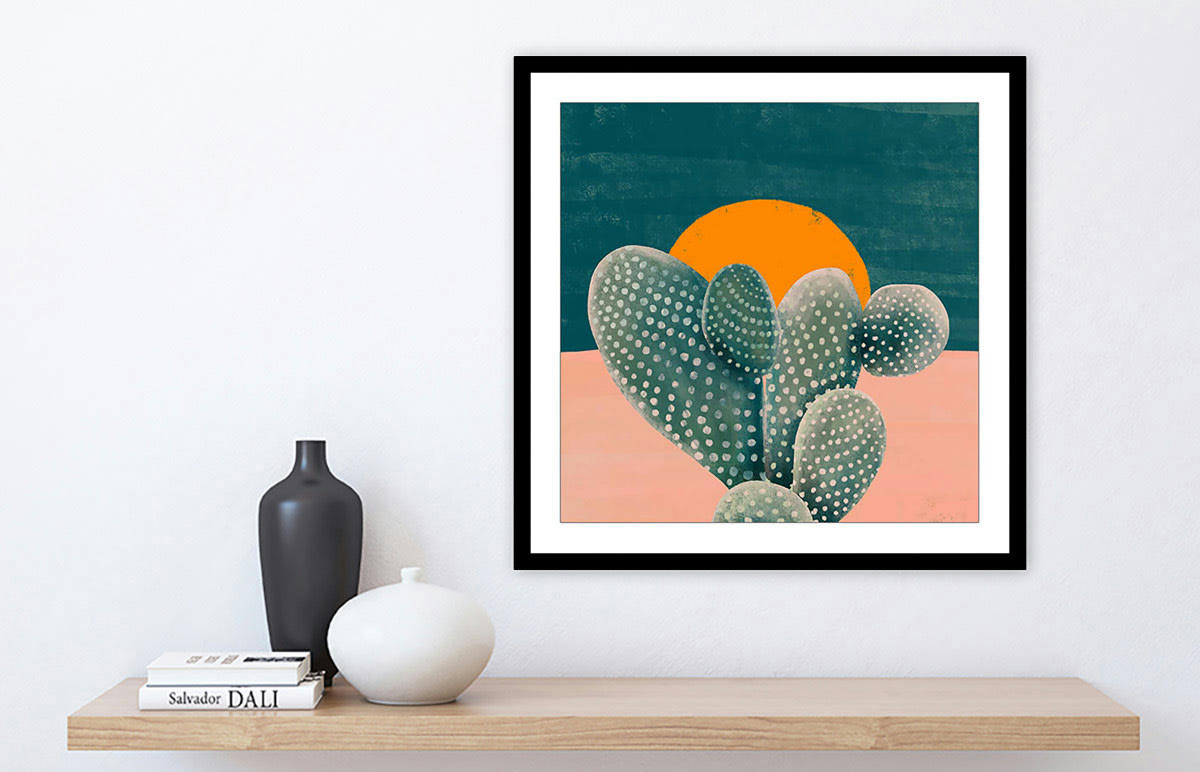 - Affiche illustration cactus et soleil orange avec cadre noir 50x50cm