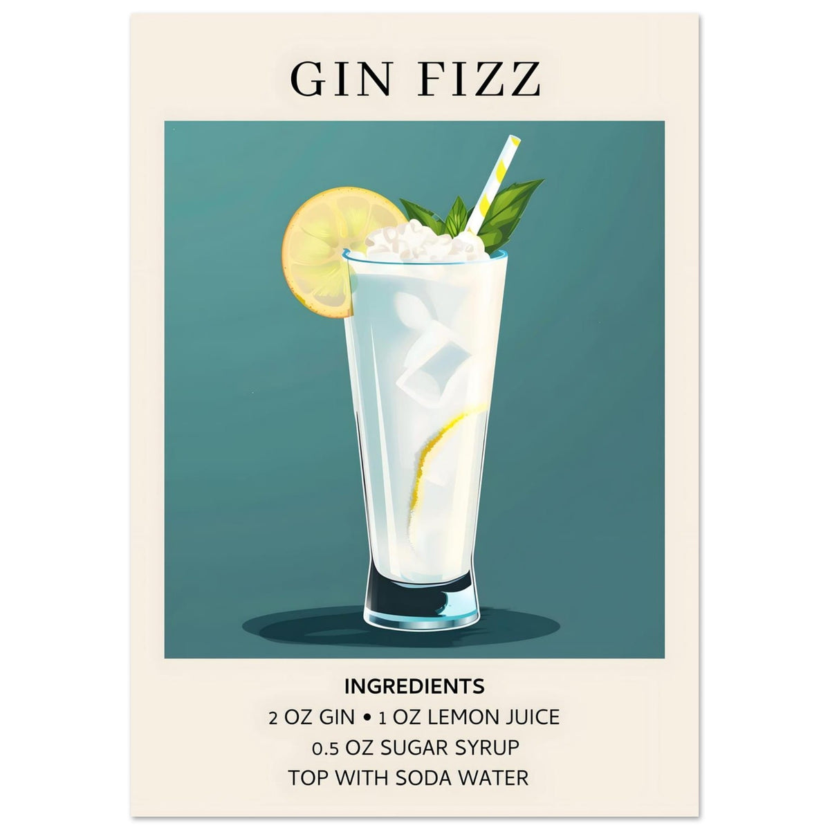 Artfulprints Poster Gin Fizz cocktail - Ingrediënten  - A4 21x29.7 cm - Blauw