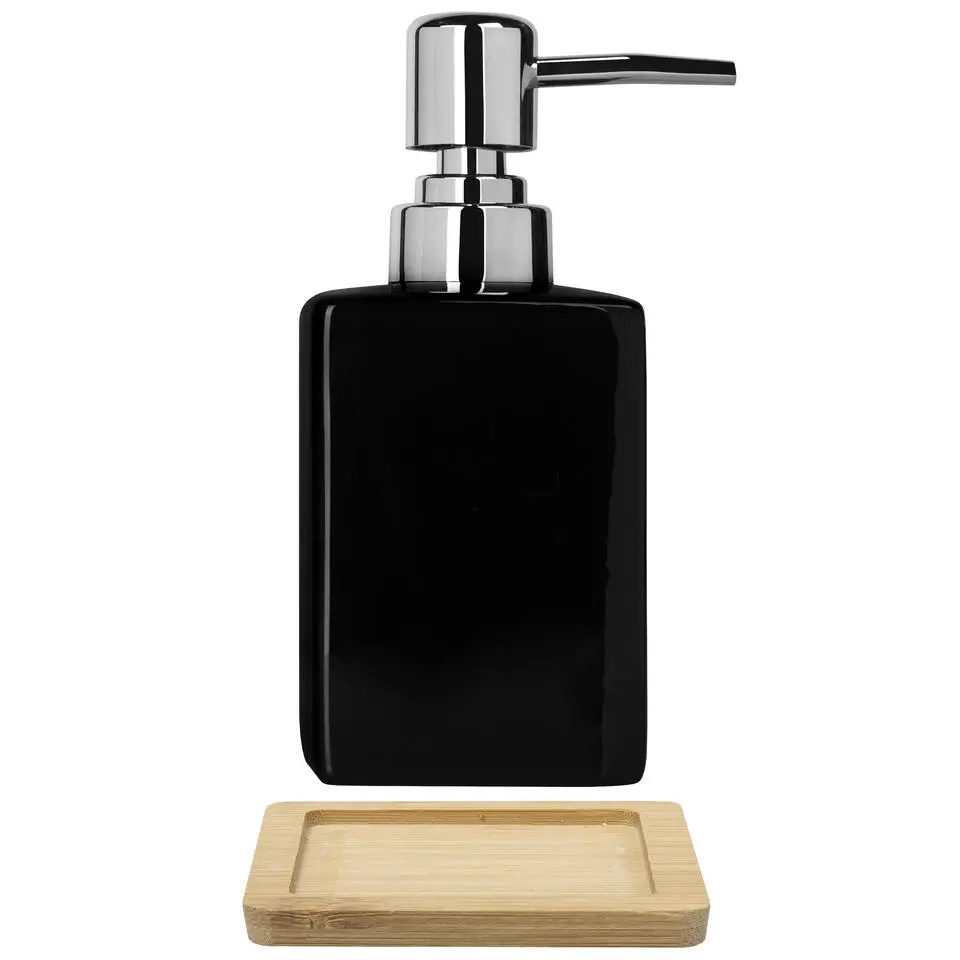 QUVIO Zeep dispenser met houten onderzetter - Zwart