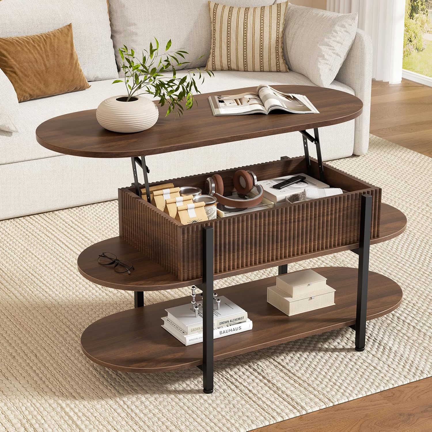 FABATO 41.7 Oval Lift Top Coffee Table, Fluted Wood Center Table with Hidden Storage, 3 Tier Oblong Tables with Curved Edge, Modern Elliptical Coffee Table for Living Room Reception Room, Walnut