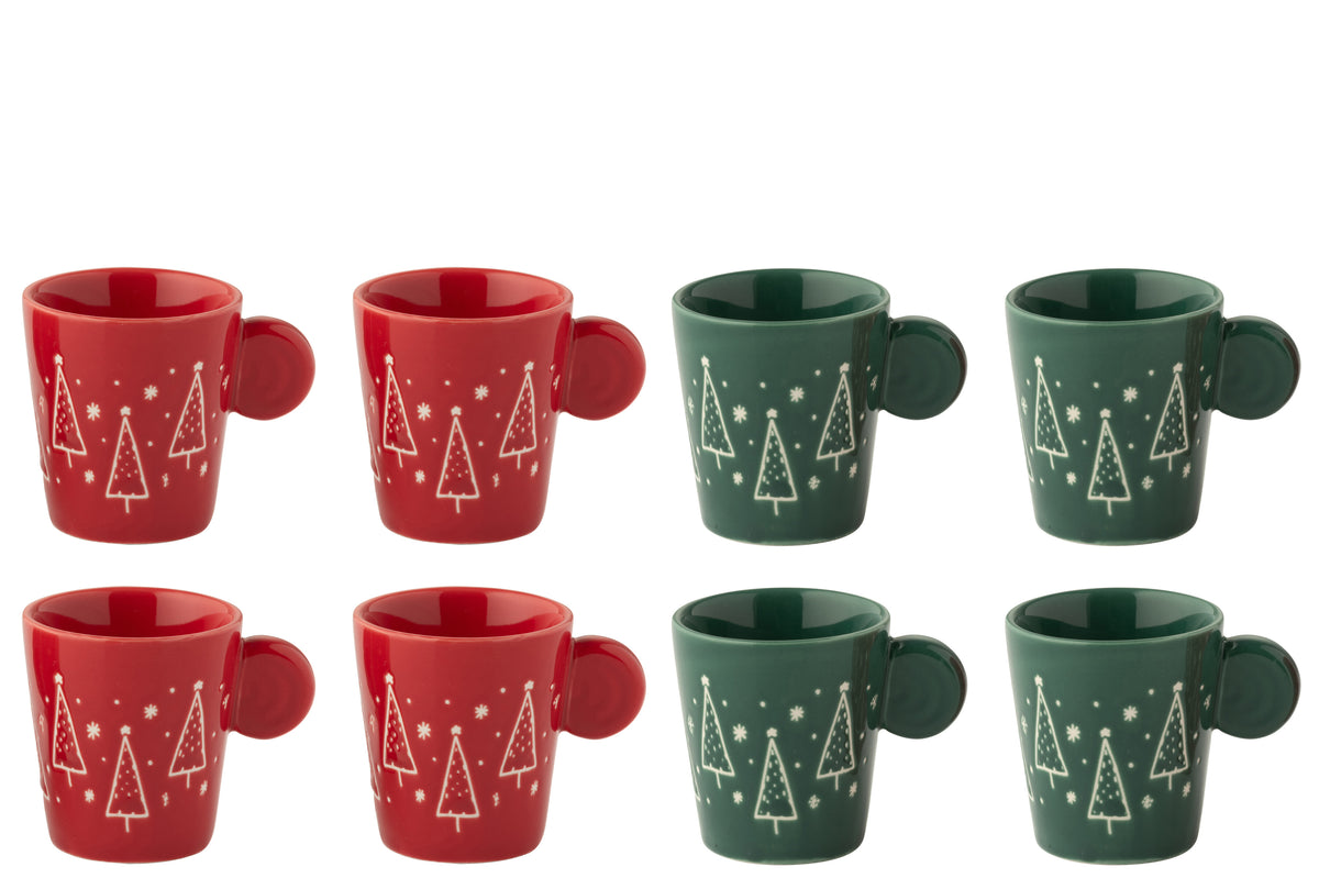 J-Line kopje Kerstmis - keramiek - rood/groen - 2 dozen van 4 stuks