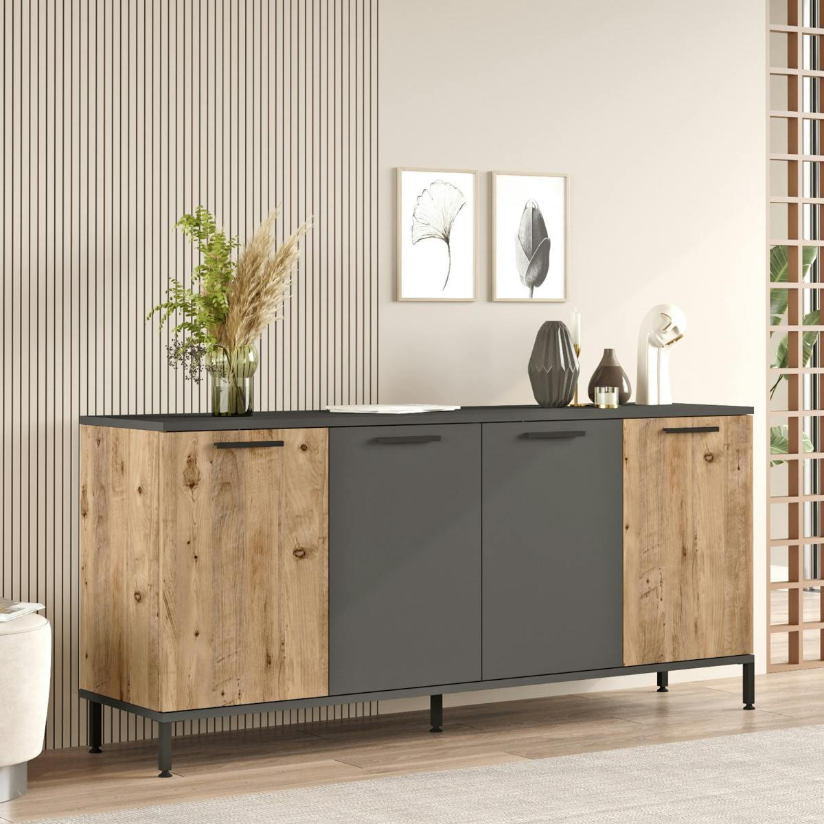 Buffet moderne 4 portes effet bois et anthracite JENA