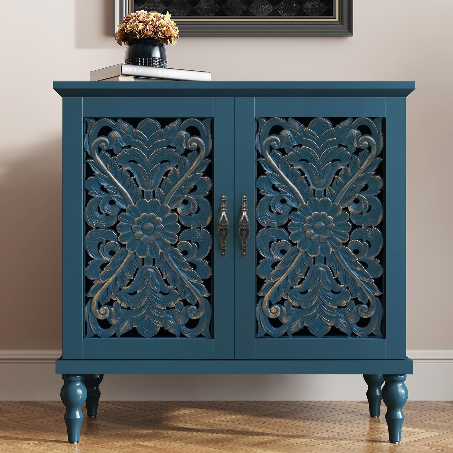 ARTPOWER Accent Cabinet with 2 Doors, Vintage Carved Wood Storage Cabinet, Sideboard Buffet Cabinet with Storage, Coffee Bar for Living Room, Kitchen, Dining Room, Entryway, Hallway, Antique Blue