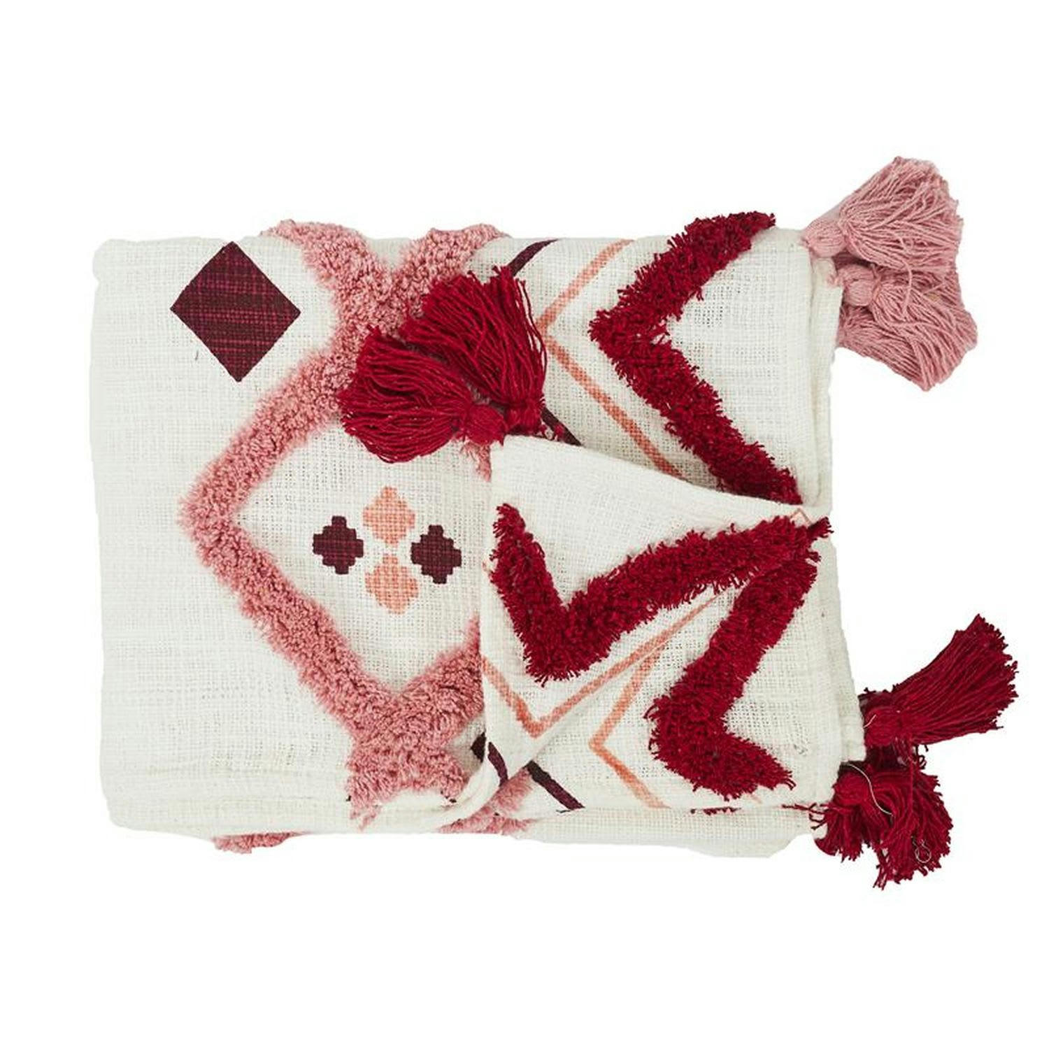 - Jeté de canapé ethnique avec pompons tufté beige et rose