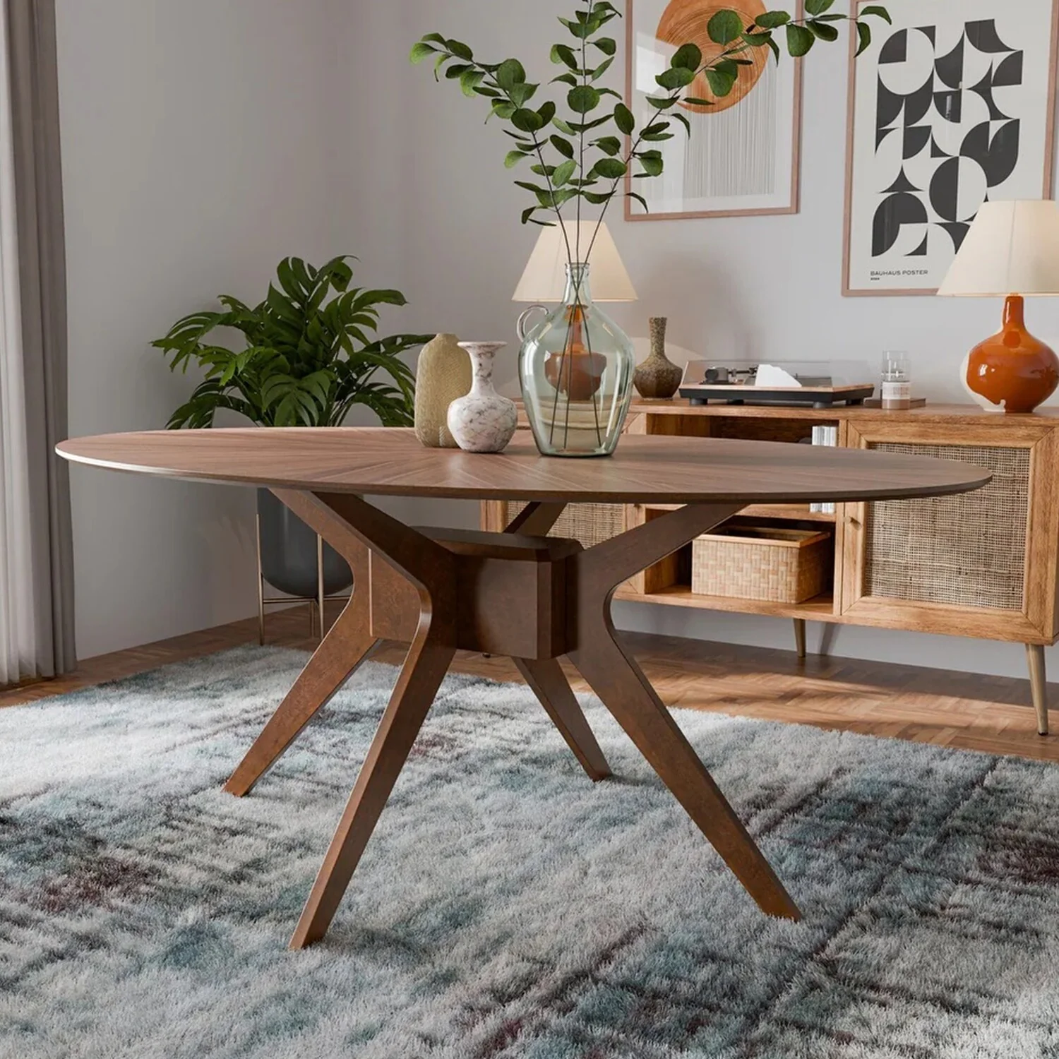 Oval Wooden Dining Table in Walnut Finish