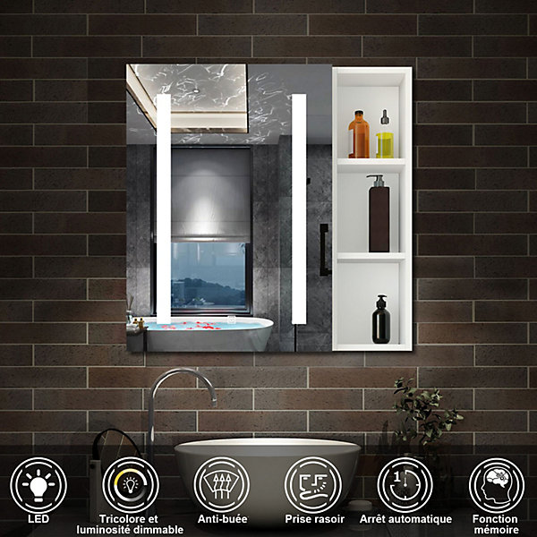 Armoire de toilette avec Miroir LED et étagère Latérale, Anti-Buée, éclairage 3 Couleurs   Prise, Blanc 70x70 cm