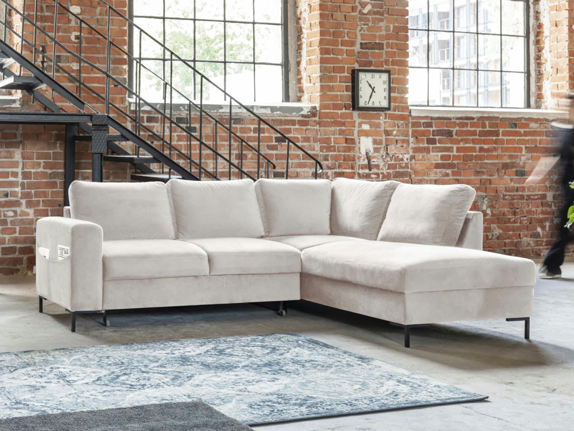 LILLY - Canapé d'angle droit convertible 5 places en velours beige