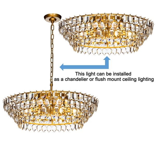 8-Light Mid Century Modern 4-Tier Antique Gold Crystal Glass Chandelier - W:28"