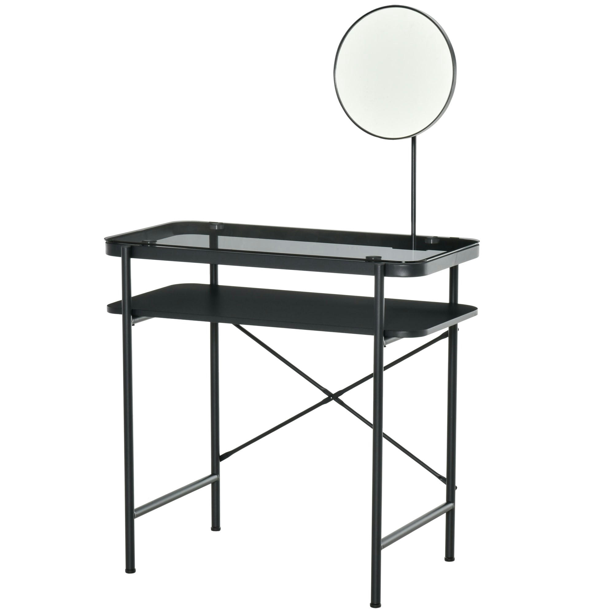 - Coiffeuse design plateau verre étagère miroir pivotant métal noir
