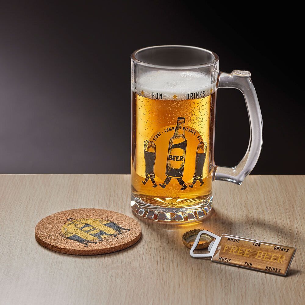 Coffret bière 3 pièces verre décapsuleur et sous-verre - 2 modèles