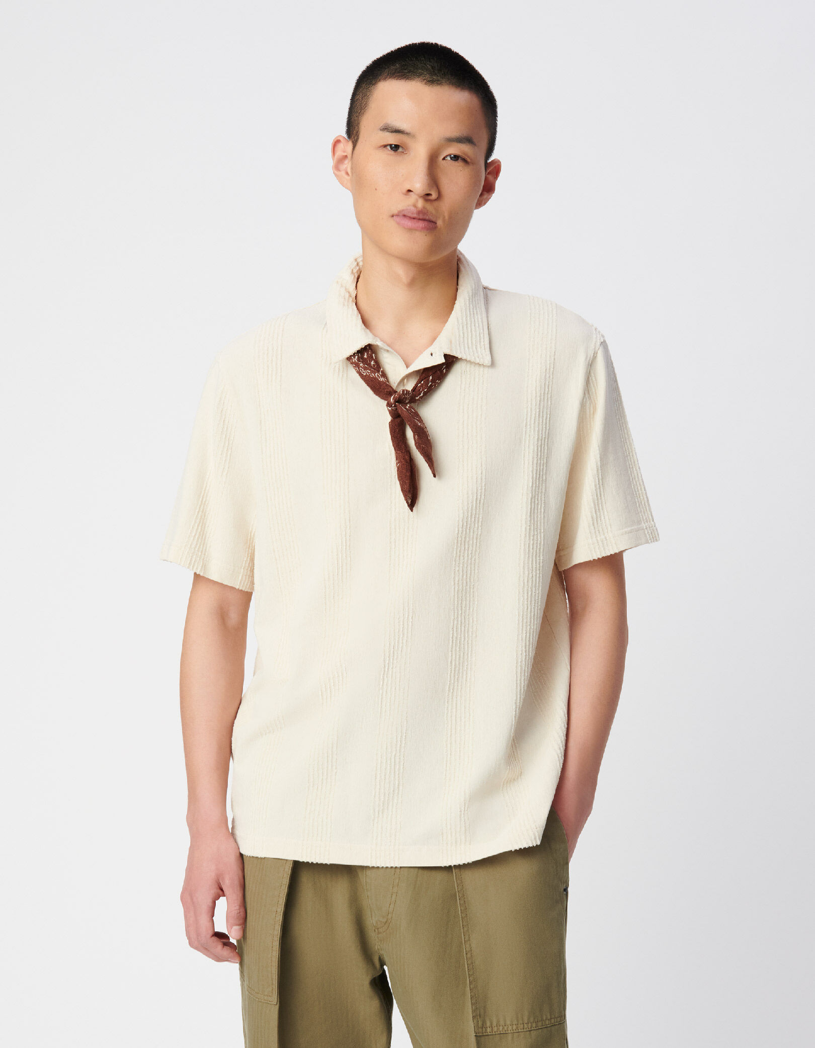 Polo beige motif rayures éponge Homme