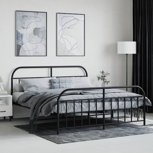 NNEVL Metal Bed Frame with Headboard and Footboard Black 183x203 cm King