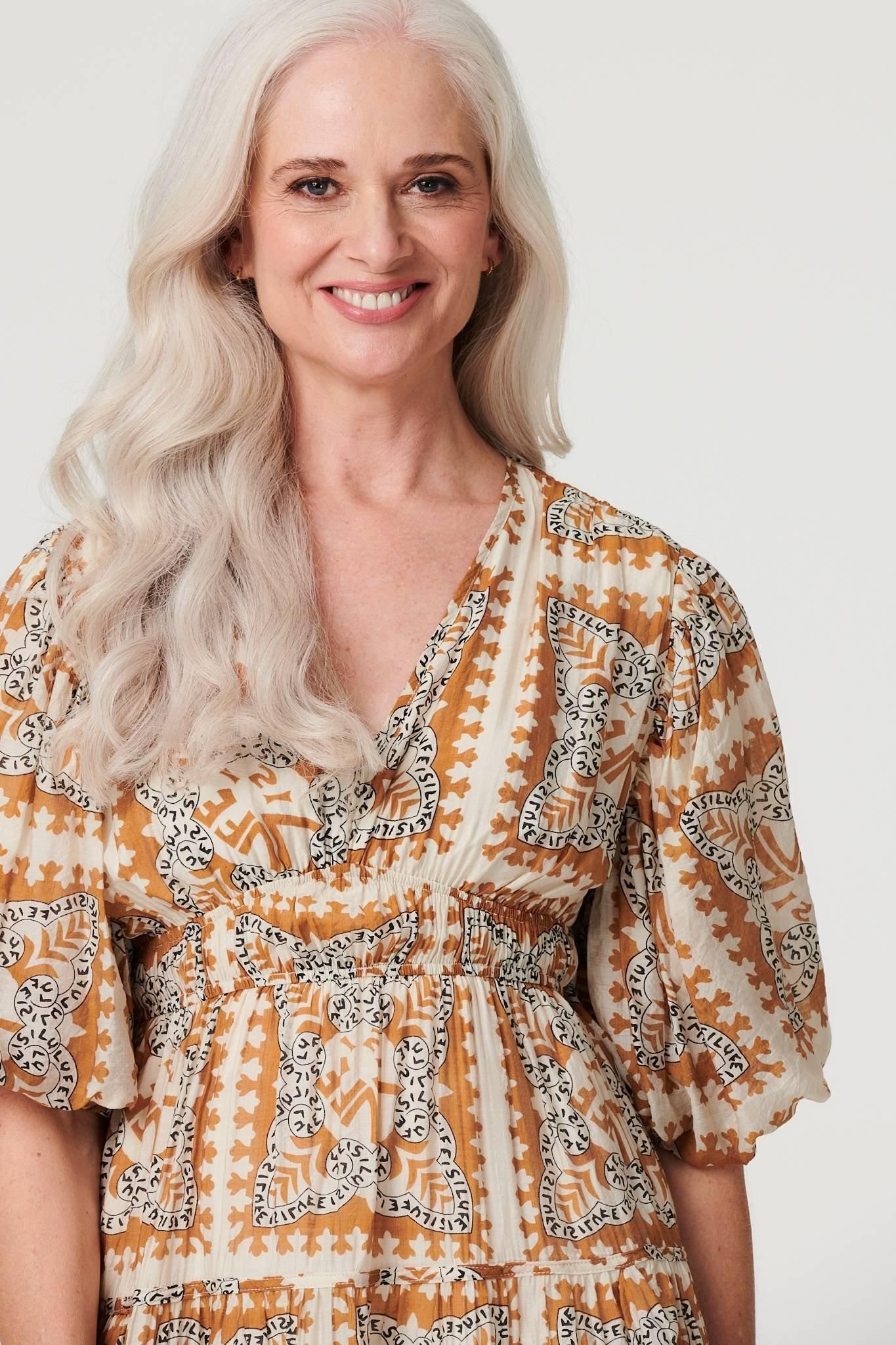 Izabel London Printed Puff 1/2 Sleeve Midi Dress